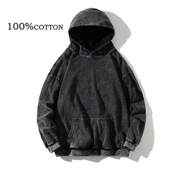 100% pamut Férfi ruházat Vintage Black Acid Wash kapucnis pulóverek Férfi Túlméretezett Hip Hop pulóverek Alkalmi pulóverek Y2K ruhák