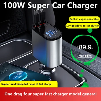 100w 4 AZ 1-ben visszahúzható autós töltő USB Type C adapter IPhone-hoz Samsung gyorstöltő kábel adapter öngyújtó