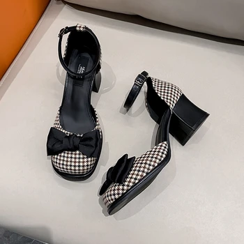 2022 Nyári Stílus Divat Alkalmi Nők Chunky Med Magas sarkú cipő Szandál Cipő Női pumpák Édes Bowknot Mujer Zapatos Női cipő