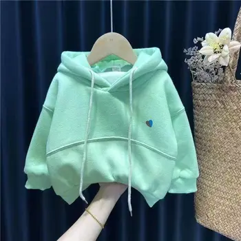 2022 Új lányok sűrített kapucnis egyszínű pulóver őszi és téli gyermekdzseki Téli koreai stílusú felső kapucnis pulóver