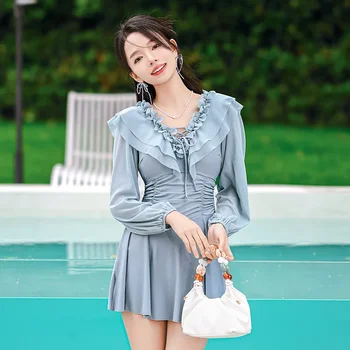2023 Koreai stílusú női egyrészes fürdőruha Konzervatív fürdőruha Strand fürdőruha Tömör strandruha Elegáns bikini csepphajó