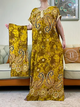 2023 Virágos afrikai-pulyka laza ruhák nyomtatása fejkendővel nőknek Pamut Dubai Caftan Vestidos elegáns maxi köntös