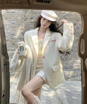 2023 Új őszi téli koreai ruhák fehér gyapjúkabátok női blézer hosszú ujjú felső elegáns női irodai hölgy márka design kabát