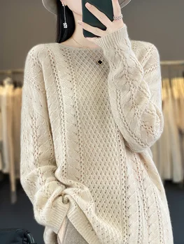 2023 Őszi és téli új kerek nyakú tiszta kasmír pulóver női gyémánt üreges pulóver laza jacquard hosszú ujjú gyapjú izzadság