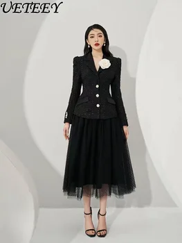 2023 Őszi és téli új öltöny hosszú ujjú ingázó kabát + magas derékú szoknya Western stílusú divat fekete ruhák nőknek