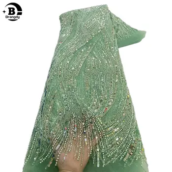 2024 Kiváló minőségű afrikai kézzel készített gyöngyös csipke Fabirc Nigreian hímzés Flitterek Csipke szövet női esküvői ruha X70036