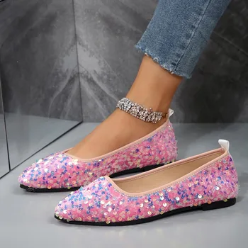 2024 Summer Bling Luxus női cipők Lakások Sekély szandálok Új divatruha Elegáns cipők Trend hegyes lábujjú Zapatillas de Mujer