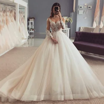 2024 Vestidos bájos V-nyakú esküvői ruhák A-vonalú báli ruha menyasszonyi számára Kiváló 3D virágcsipke rátétek De Mariee köntös