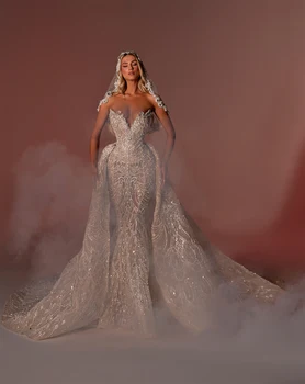 3D-csipke CRYSTAL sellő esküvői ruha szexi lllusion mély V-nyakú báli ruha plusz méret ecset vonat menyasszonyi ruhák ruha testreszabott