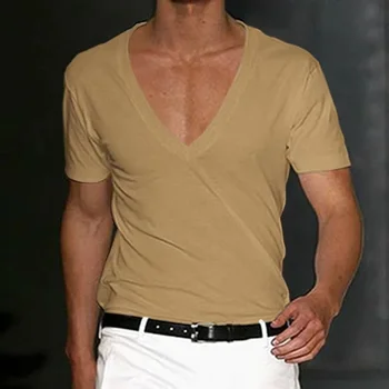 A2524 Férfi póló Rövidnadrág Ujj Mély V-nyakú felsők Egyszínű túlméretezett pólók Férfi Streetwear Bő pulóver Pólók Tavasz