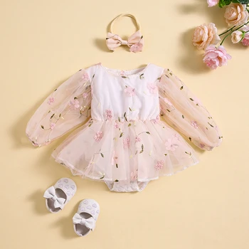 Baby Girls 2 részes ruhák virágos hímzett hálós hosszú ujjú romper ruha és aranyos fejpánt szett kisgyermek számára