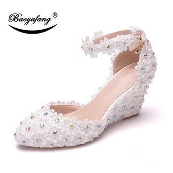 BaoYaFang kerek lábujjú fehér virág női esküvői cipő menyasszonyi ékek bokapánt női partiruha cipő női paltform cipő