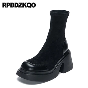 Block Női cipő Csizma Kerek lábujj szőrme bélelt Slip On Platform Patchwork Vastag velúr Boka rövid szivattyúk Magas sarkú cipő Designer zokni