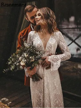 Bohém sellő hát nélküli esküvői ruhák ujjakkal Csipke mély V-nyakú vestidos de novia köntös de mariée