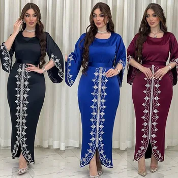 Divat gyémánt Muszlim Abayas Arabia Dubai Party Ruha Nők Törökország Iszlám ruhák Hosszú ruha Muszlim Kaftán Szatén estélyi ruha