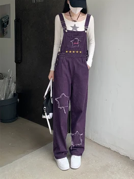 Divat lila farmer nadrág overallok nőknek alkalmi laza egyenes strika harisnyatartó nadrág magas derekú női jumpsuit farmer