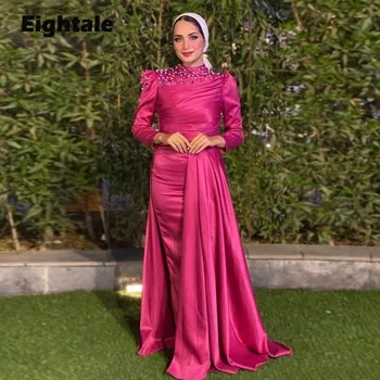 Eightale Hot Pink hivatalos alkalom estélyi ruhák hosszú ujjú gyöngy Karakou szatén sellő női esküvői parti ruha bálra