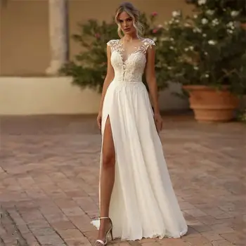 Elegáns boho csipke esküvői ruha 2024 sifon O-nyakú illúzió hátsó strandoldal osztott rátétes menyasszonyi parti ruha Vestidos De Novia