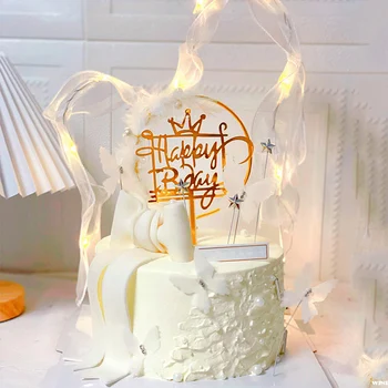 esztétikus DIY fehér szalagos izzó tortafeltétes női születésnapi desszert dekoráció lámpával Esküvői dekoráció parti kellékek