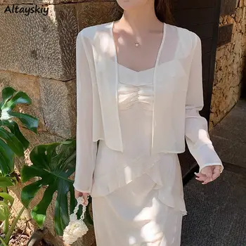 Fehér vékony napálló kabátok Nők Áttetsző Vintage Laza Alkalmi Nyár Egész mérkőzésen Lélegző Érett Női Francia stílusú temperamentum