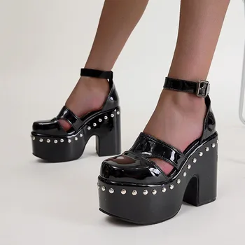 Fekete sarkú szandál Nők Zárt orrú Magas sarkú cipők Szivattyúk Nyári cipők Szexi szegecs Női blokk sarkú cipők Sandalias Plataformas De Mujer
