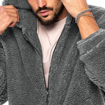 Férfi divat téli plüss rövid kapucnis pulóver kabát alkalmi tömör cipzáras gyapjú felsőruházat meleg kardigán kabát zsebbel