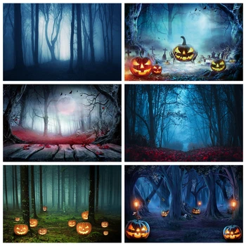 Halloween Háttér a fotózáshoz Horror Éjszaka Hold Ijesztő erdő Fa Ködös tök Mindenszentek napi buli fotó háttér Deco