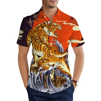 HX Állatok ingek Japán stílusú tigris művészet 3D nyomtatott alkalmi ing Nyári rövid ujjú felsők férfi ruházat Camisas S-5XL