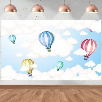Hőlégballon háttér Babaváró Gyerekek születésnapi zsúrdekorációi Kék ég és fehér felhők Újszülött banner fotó háttér