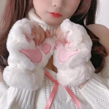 Japán Aranyos divatos sokoldalú macskakarmos kesztyű Téli rajzfilm Macska lány nyitott ujjú kesztyű Megvastagított plüss kényelmes kesztyű