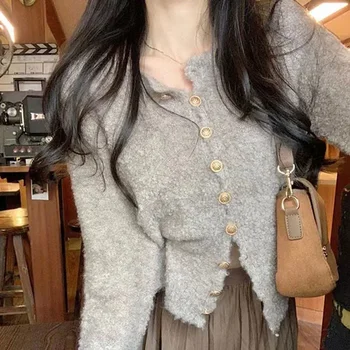 Koreai stílusú tömör kardigán nőknek divat hosszú ujjú alkalmi pulóver O-nyakú egymellű laza lusta szél kötött pulóverek