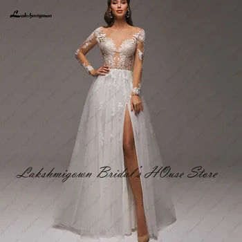 Lakshmigown szexi menyasszonyi hosszú ujjú esküvői ruha 2022 köntös puszta illúzió hát nélküli tört fehér tüll menyasszonyi ruha magas oldal osztott