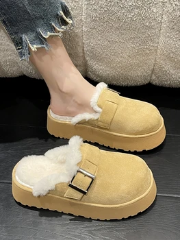 Lapos cipő Női női papucs Kültéri platform csúszdák Med Téli lábbeli Flock Pantofle 2023 puha rövid plüss retro gumi