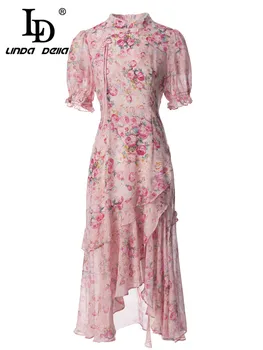 LD LINDA DELLA Nyári divattervező Vintage rózsaszín ruha Női nyomtatási disszimmetria Slim Fit utazási ruha