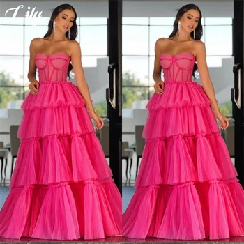Lily A Line rózsaszín báli ruha Kedvesem nyak esküvői estélyi ruha Többszintű estélyi ruha Női formális ruhák vestidos de noche