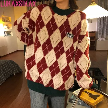 LUKAXSIKAX Új őszi téli nők laza külső viselet pulóver pulóver retro geometrikus argyle jacquard kötött pulóver