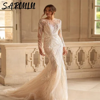 Luxus hosszú ujjú esküvői ruha Szexi O-nyakú csipke menyasszonyi ruha illúzió Földig érő Vestidos De Novia