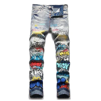 Mcikkny New Men Vintage Ripped Printed Casual Jeans Pants Graffiti WashStraight Denim Trons Punk Style