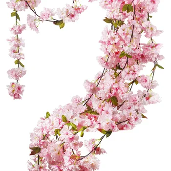 Mesterséges Sakura Cseresznye rattan Esküvői ív dekoráció Szőlő Művirágok Otthoni parti dekoráció selyem Borostyán fal Függő koszorú