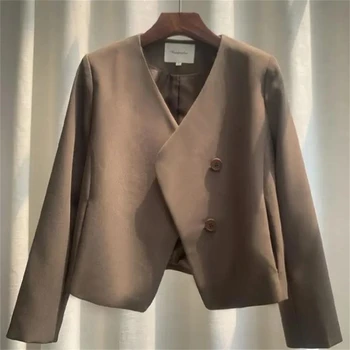 Női dzseki 2024 tavasz Koreai divat retro elegáns V nyakú rövid dzsekik Hosszú ujjú laza karcsú blézer Femenino kabát felsőruházat
