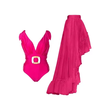 Női egyszínű V nyakú egyrészes fürdőruha és szoknya 2023 rózsaszín elegáns bikini magas derekú fürdőruha Nyári üdülés strandruha