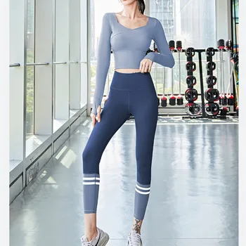 Női jóga Gym Fitness sportruha Hosszú ujjú ingek+magas derékú leggings kétrészes szett Pilates edzés Gyors száraz vékony szűk szettek