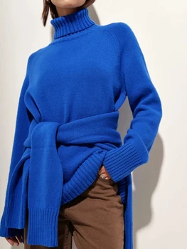 Nők Kék túlméretezett garbós pulóver Őszi téli vastag meleg pulóver felsők Hölgy All-match Laza kötött pulóver Női húzás