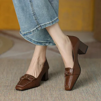 Nők Retro Bowknot Magas sarkú cipő Koreai Őszi Divat Elegáns szögletes lábujj Tűsarkú Vaskos sarkú cipők Pumps Party Ruha Alkalmi cipők