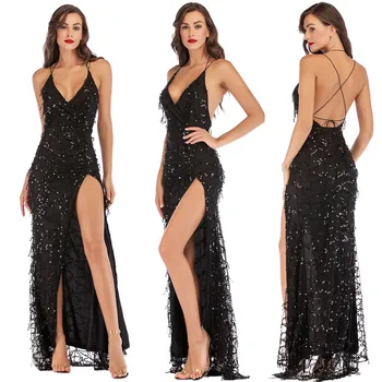 Off Shoulder flitteres elegáns maxi ruha női 2023 Sexy Deep V spagetti pánt osztott hosszú ruha női ruha báli parti ruhák