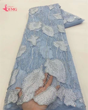 OIMG divat elegáns francia hálós hímzés gyöngyös csipke szövet afrikai nigériai szövettel esküvői ruhához