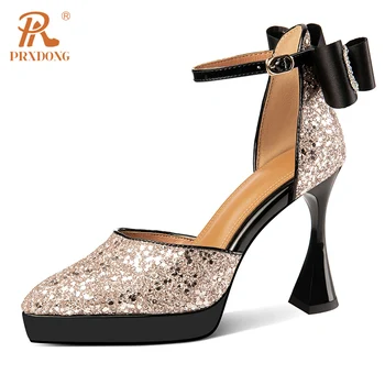 PRXDONG Női szivattyúk Új divat Kiváló minőségű magas sarkú cipő Platform cipő Bling Gold Silver Dress Party Esküvői hölgy Pumps 34-39