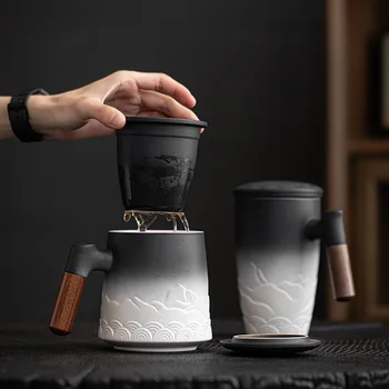 Retro kerámia teáscsésze kávé Reggeliző csészék infúziós fedéllel Vízszűrő Fa fogantyú Személyre szabott ajándékok Kínai porcelán
