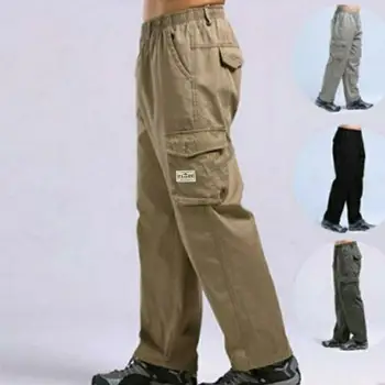 Rugalmas deréknadrág Streetwear férfi széles szárú nadrág rugalmas derékkal Multi zsebek a kényelemért Lélegző stílus Egyszínű