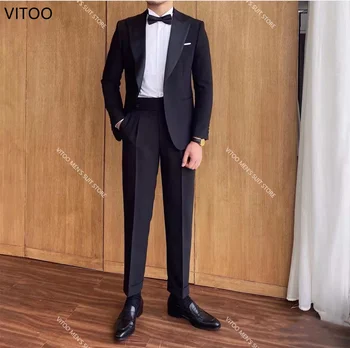 Slim Fit férfi öltönyök Fekete formális esküvői vőlegény szmokingok 2 részes üzleti férfi divatszett kabát nadrággal Legújabb kabát design